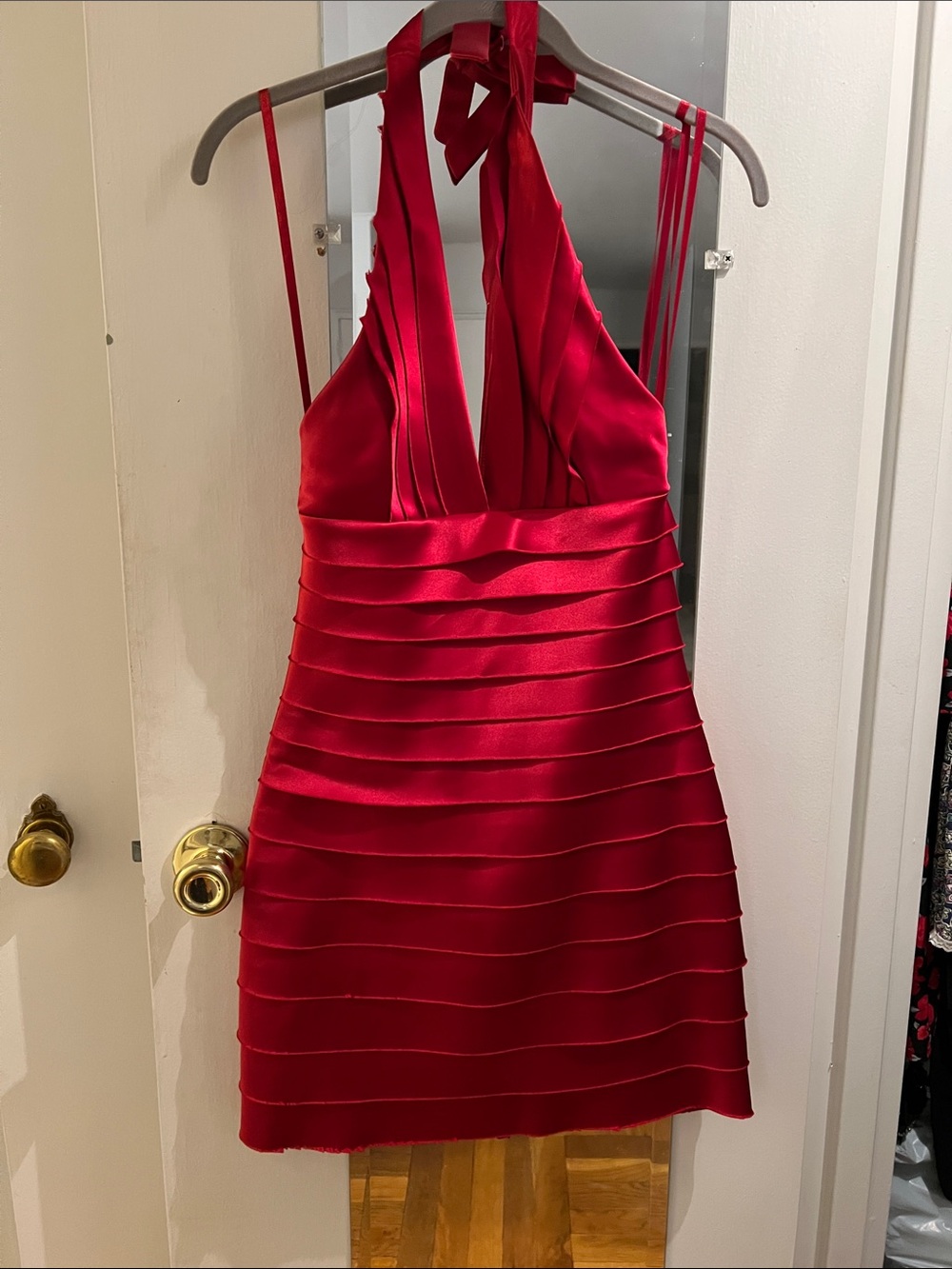 BCBGMaxAzria Red Satin Halter Mini Dress